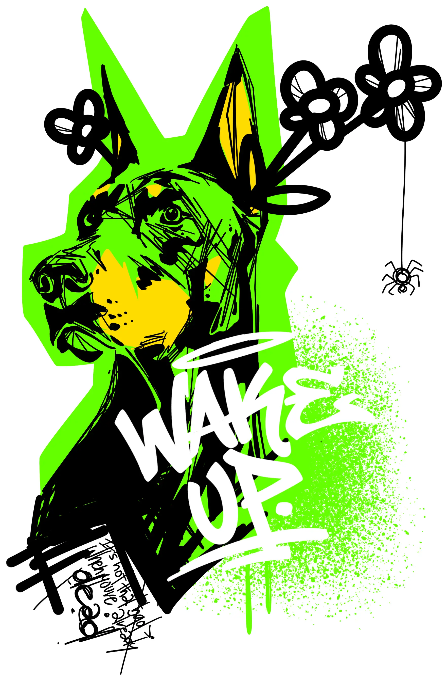 Un dobermann en noir et jaune sur fond vert fluo, fleurs sur la tête, avec le tag « Wake up ».