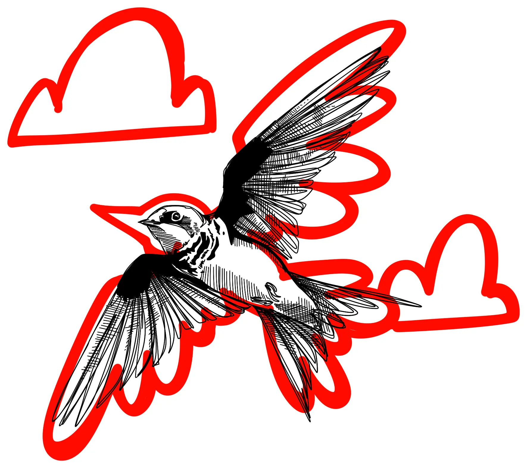 Une hirondelle hachurée en noir, doublée d’un contour rouge, entre deux nuages rouges.