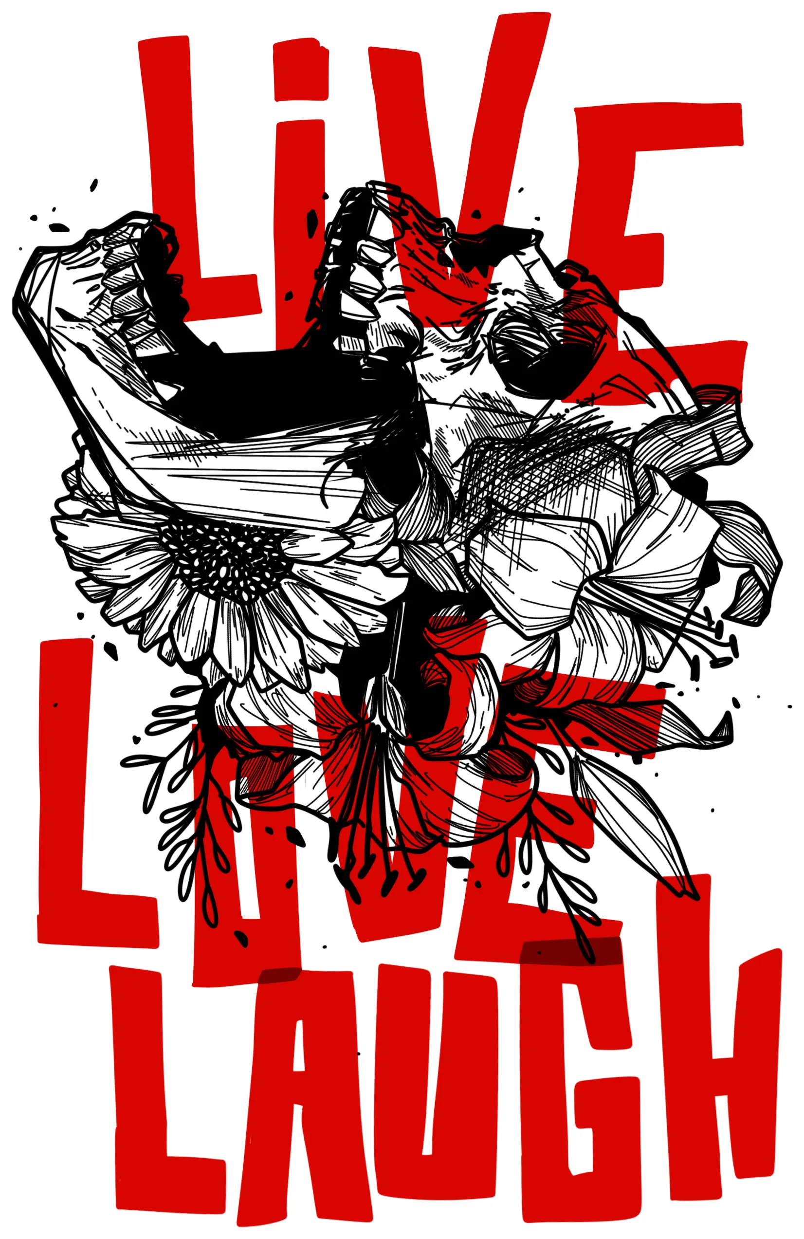 Un crâne et des fleurs en lignes noires derrière les mots « Live, love, laugh » en grosses lettres rouges.
