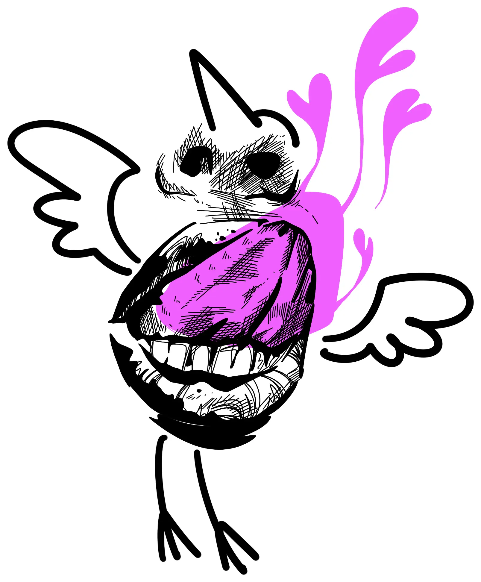 Un petit oiseau griffonné avec une énorme bouche rose pleine de dents.
