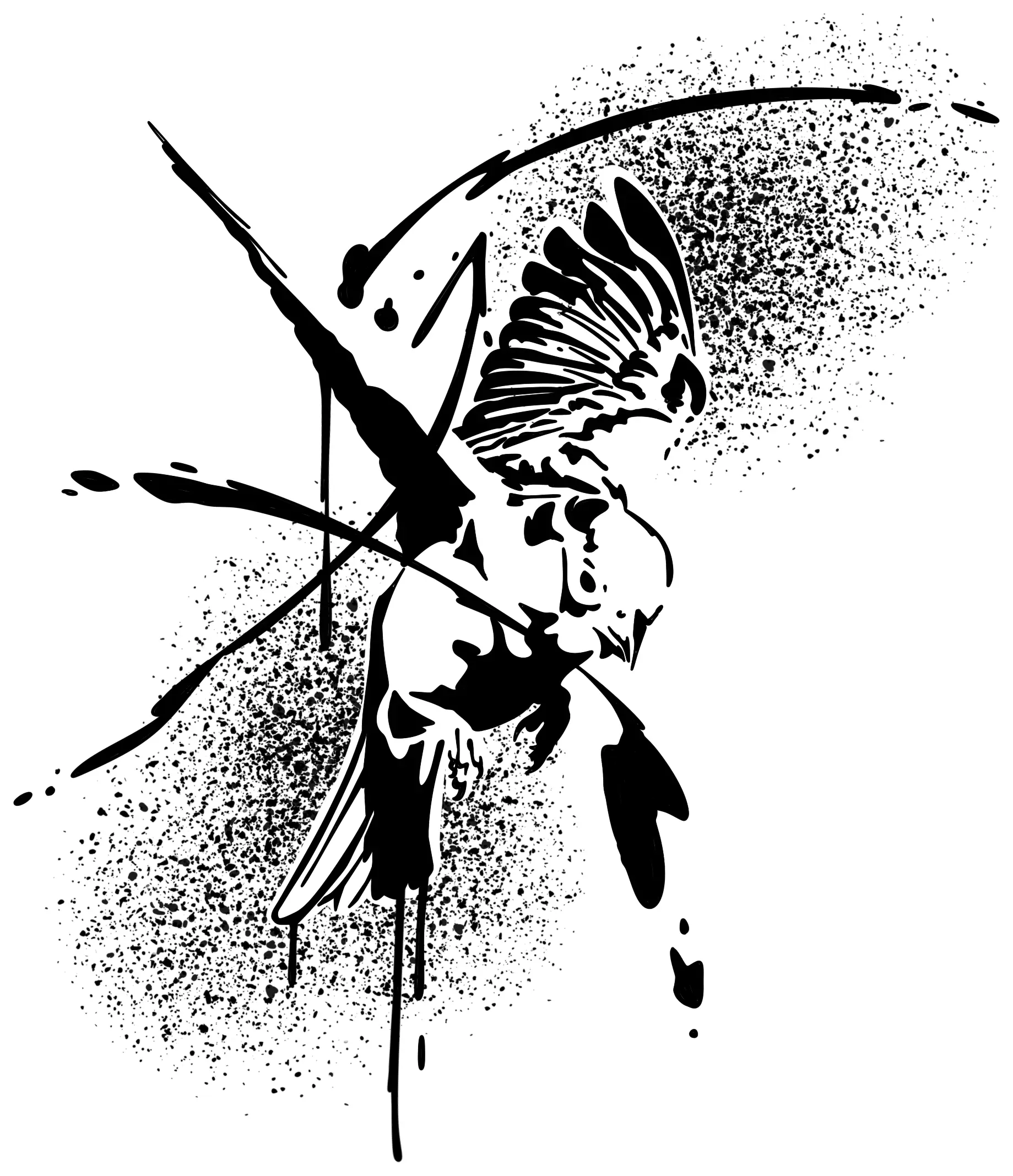 Illustration graphique façon graffiti : un oiseau en plongée, en noir et blanc, entouré de projections de peinture et de coulures.