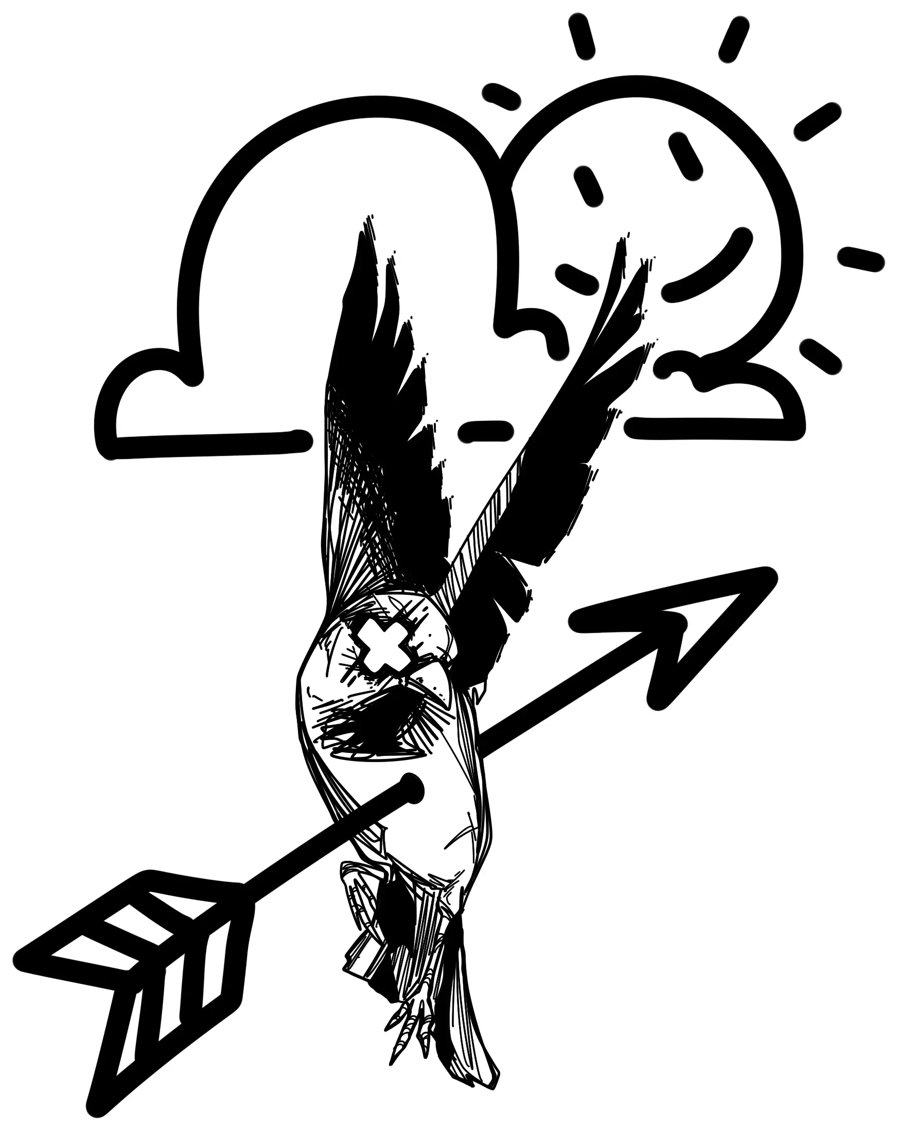 Un oiseau transpercé d’une flèche, sous un nuage et un soleil souriant.