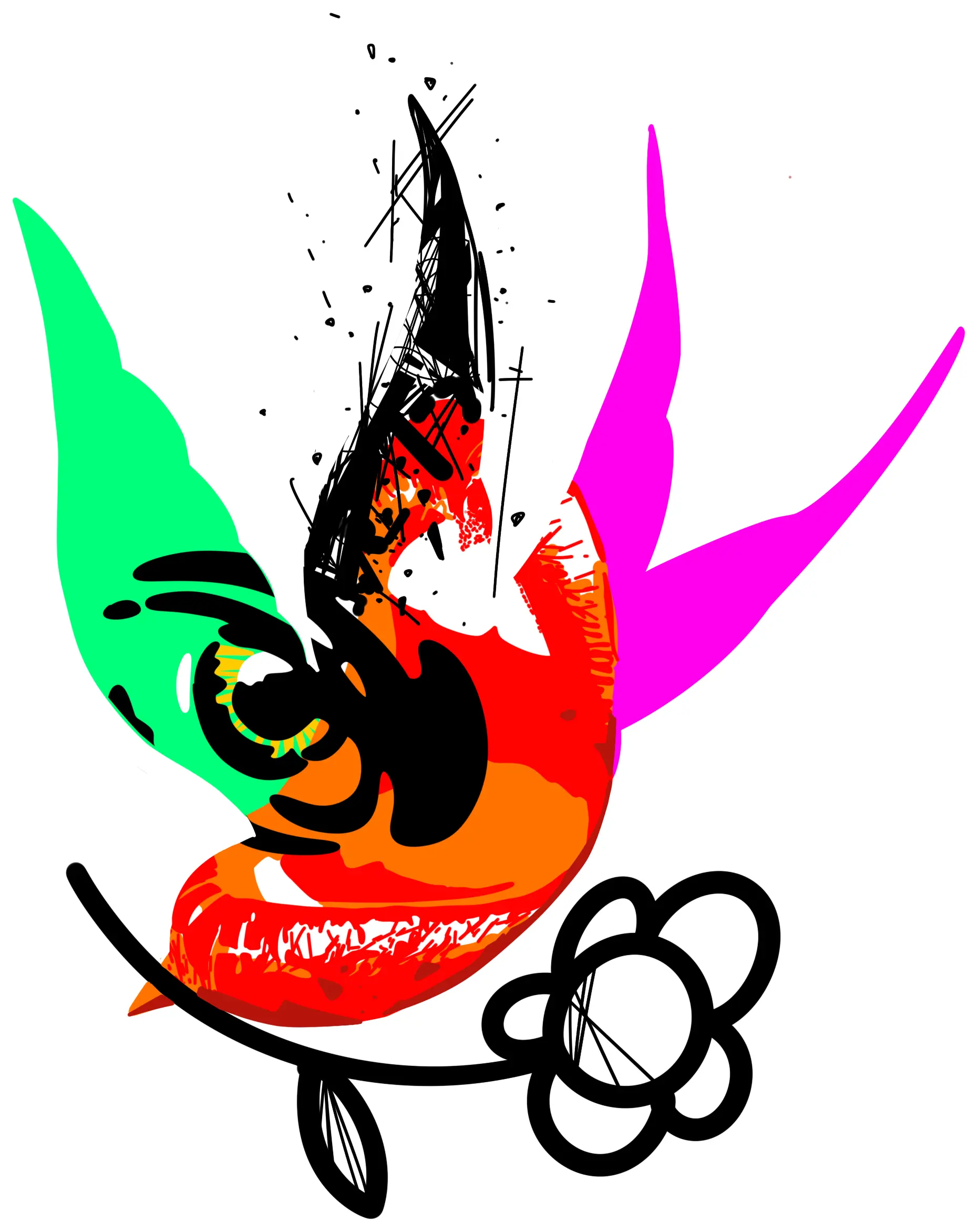 Un oiseau abstrait aux ailes vertes et roses, dont le corps est une bouche rouge, au-dessus d’une fleur.