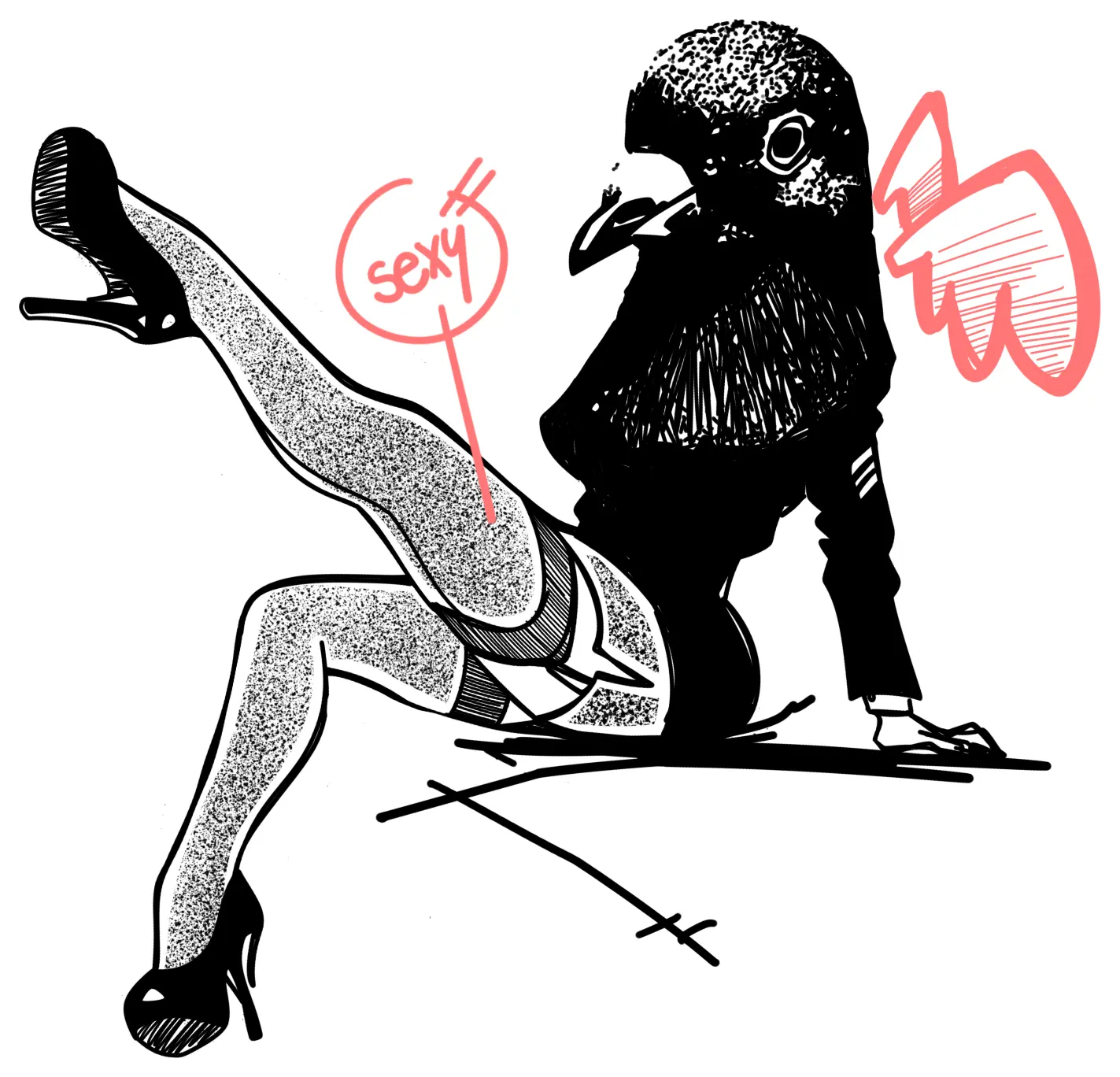 Un pigeon en blouson noir assis, jambes de pin-up en bas résille et talons, annoté « sexy » en rose.