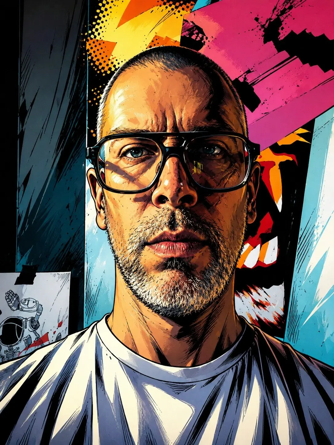 Portrait de MrMorse, tatoueur et illustrateur à Tournai, dessiné façon comics : crâne rasé, lunettes, barbe grise, t-shirt blanc, devant un mur couvert de dessins.